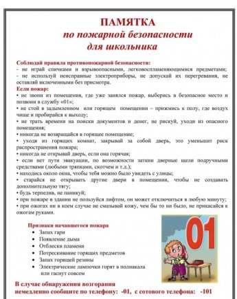 Памятка по пожарной безопасности для школьника 